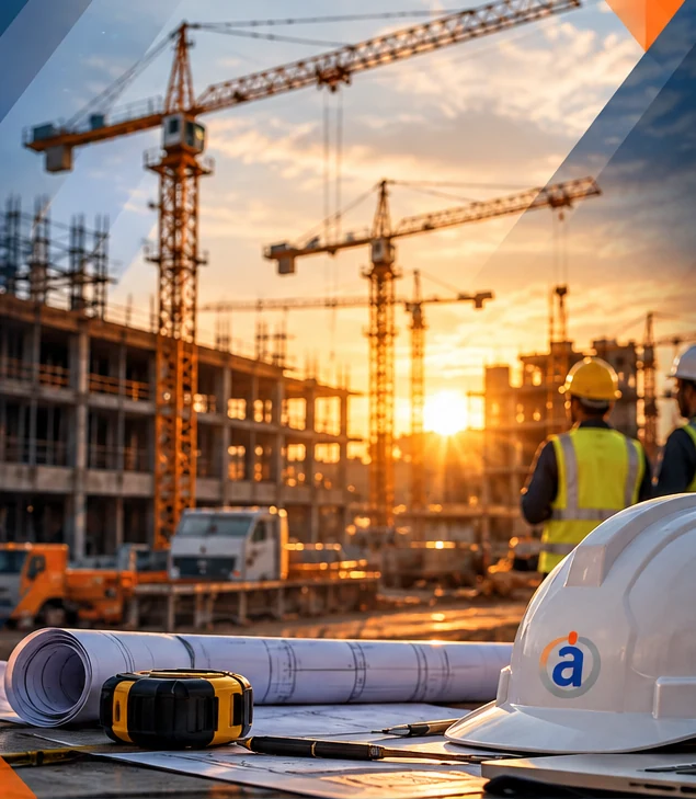 Construction site with cranes, workers and project blueprints